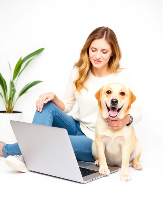 Woman sitting on the floor with a dog, looking at her laptop, while the dog is sitting facing the camera. The image has a white background with a white plant pot and plant in the background, representing the Affiliate Marketing program.