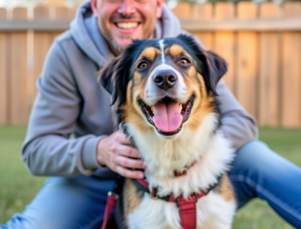 Dog training success, a happy man sitting on the floor with a joyful dog between his legs, both looking content and relaxed.