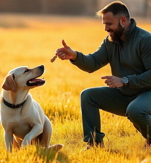 Man crouched down throwing food to a sitting dog in a grassy field, representing the Obedience Training program focused on building positive behaviors and focus.