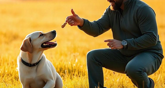 White dog sitting in a grassy field looking at a man throwing a treat, demonstrating obedience training.