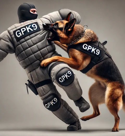 Decoy being bitten by a German Shepherd wearing a GPK9 harness, with the decoy wearing a grey dull bite suit with the GPK9 logo on the chest. The image has a grey background, showcasing a protection dog training scenario.