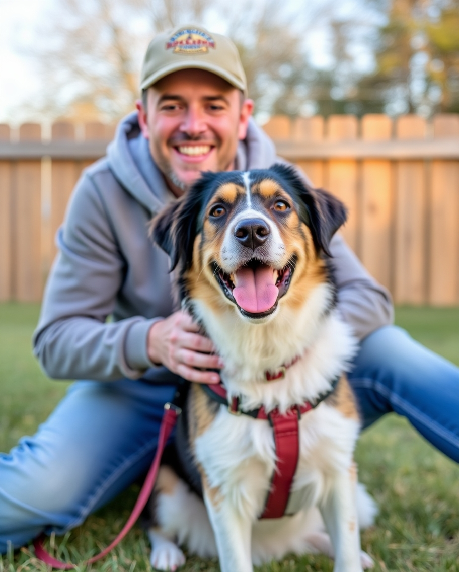 Dog training success, a happy man sitting on the floor with a joyful dog between his legs, both looking content and relaxed.