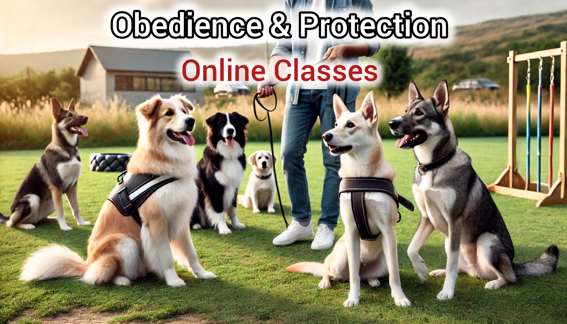 Six dogs sitting on a grassy field with a house, mountains, and cars in the background. A man is holding a lead in the center, surrounded by the dogs, representing Obedience & Protection Online Classes.