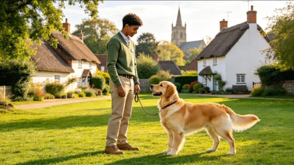 Dog owner wearing a green jumper and light brown trousers standing face-to-face with their dog in a grassy area with houses in the background.
