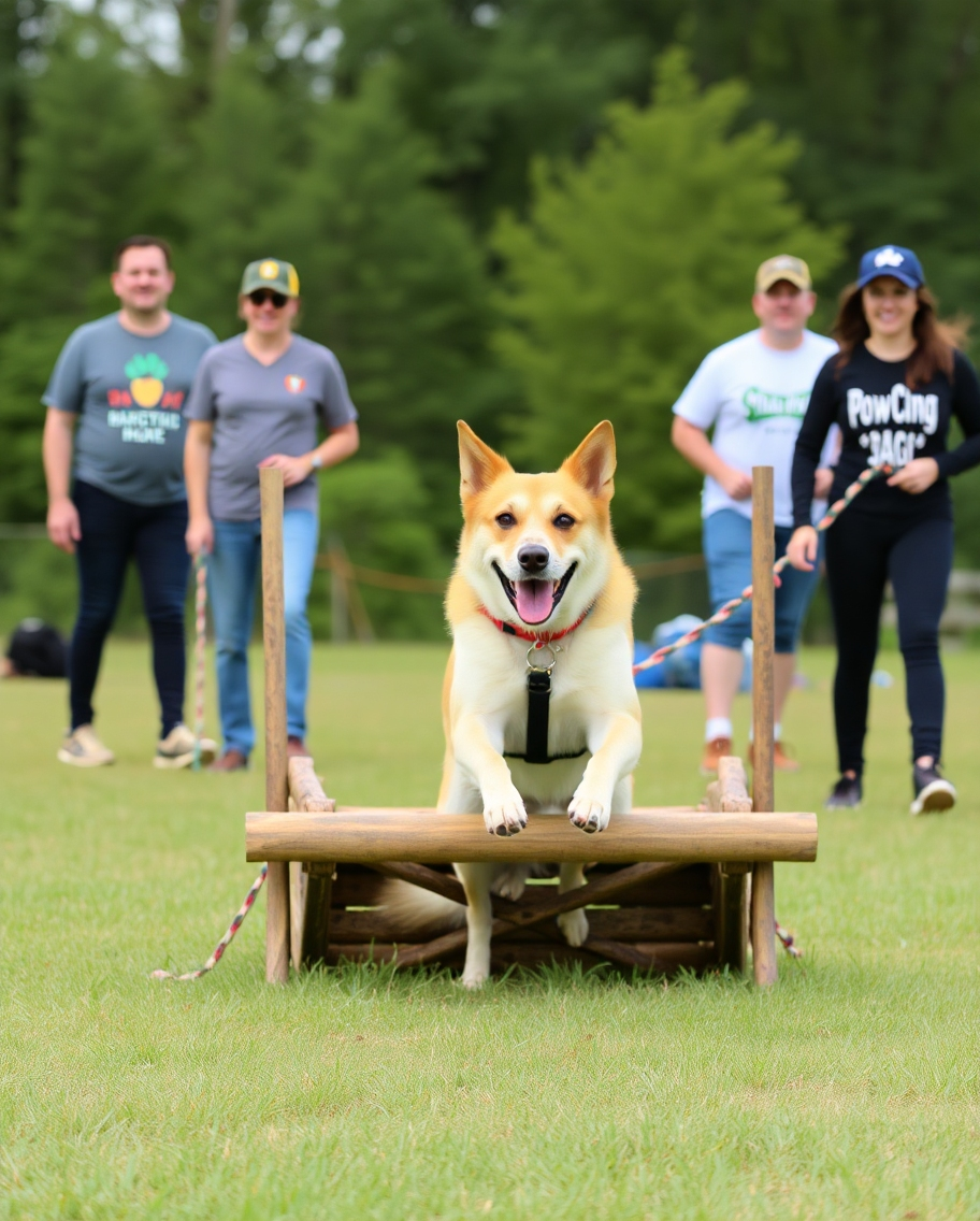 A dog training session in a field with two men and two women, featuring a dog jumping over a training obstacle.