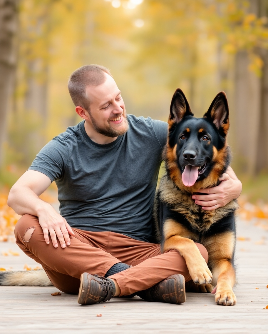 A man Bonding With Protection Dog sitting cross-legged, with his arms affectionately around a German Shepherd.