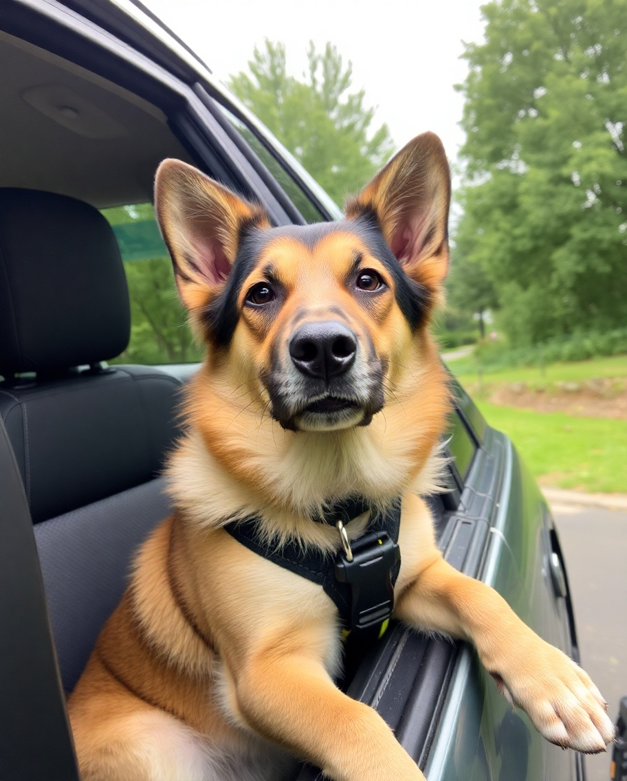 A socialized protection dog, sitting in a car seat with its head out the window, surrounded by trees in the background.