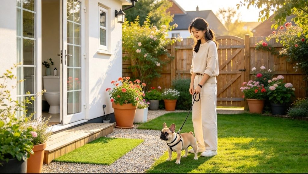 Dog owner holding their dog on a lead while standing on the grass facing open patio doors in a secure fenced garden.