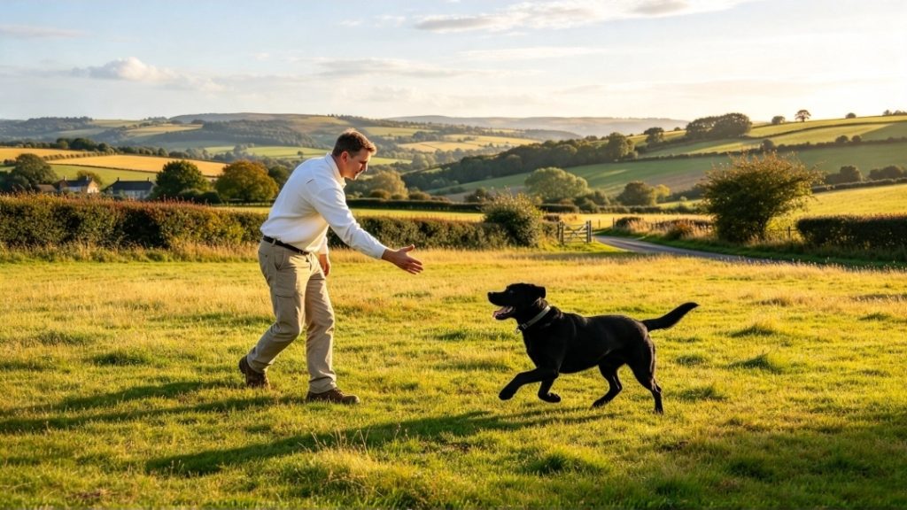 Dog owner wearing a white jumper and light brown trousers standing facing their dog with their right hand extended in an open field with hills in the background.