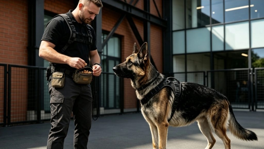 dog training treat pouches with a handler reaching into a treat pouch while a German Shepherd stands in front of him