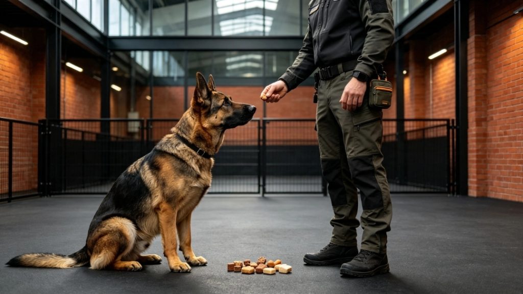 dog training treats with a handler rewarding a sitting German Shepherd in a gated training room