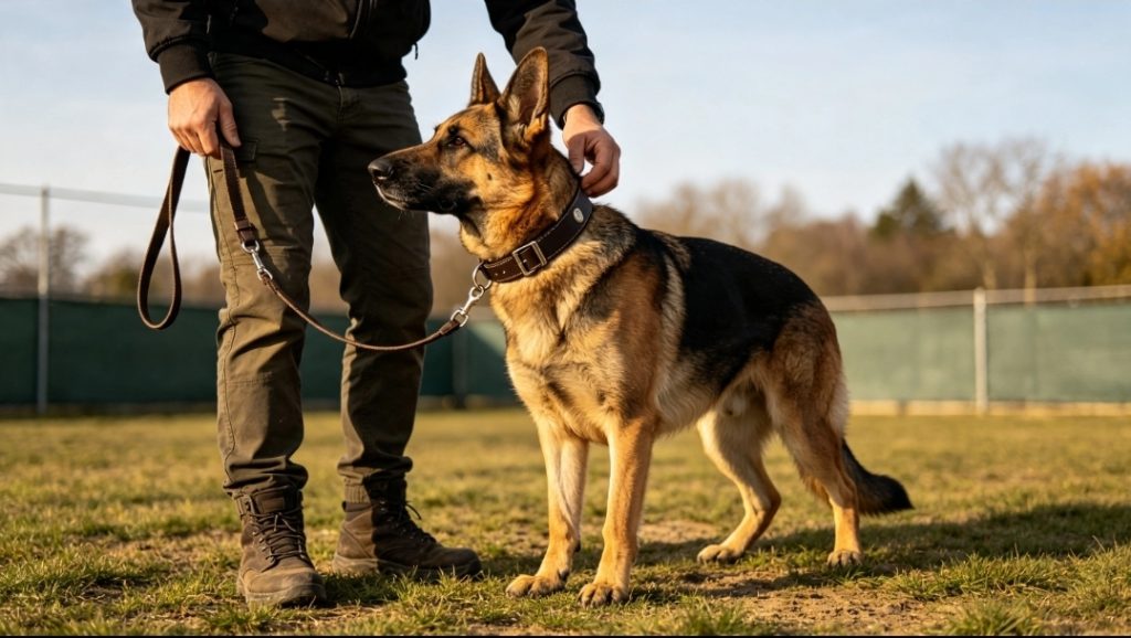 dog training with a handler walking a German Shepherd on a lead within a secure grassed area