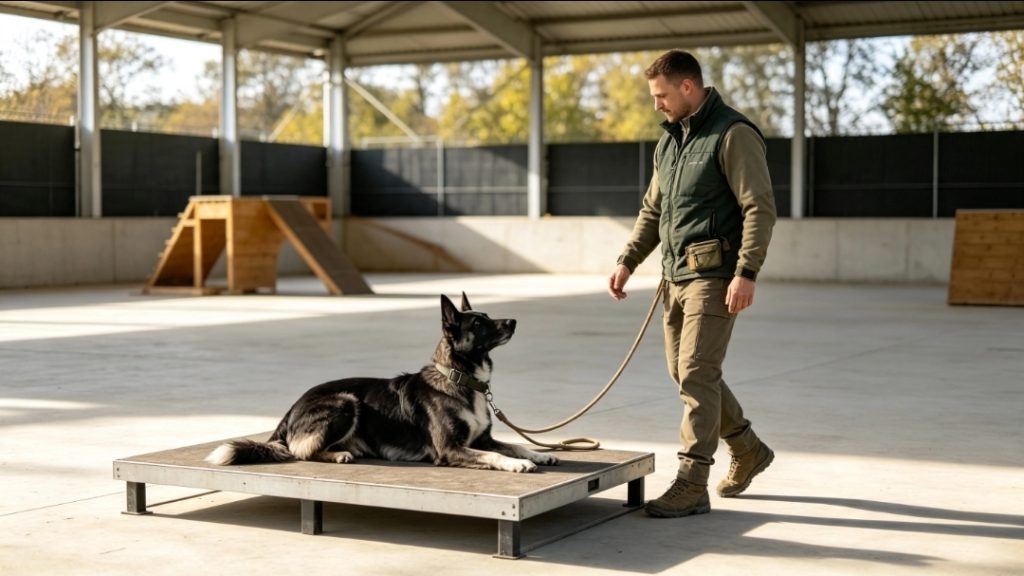 obedience dog training with a man looking at a dog on a raised bed in a closed training area