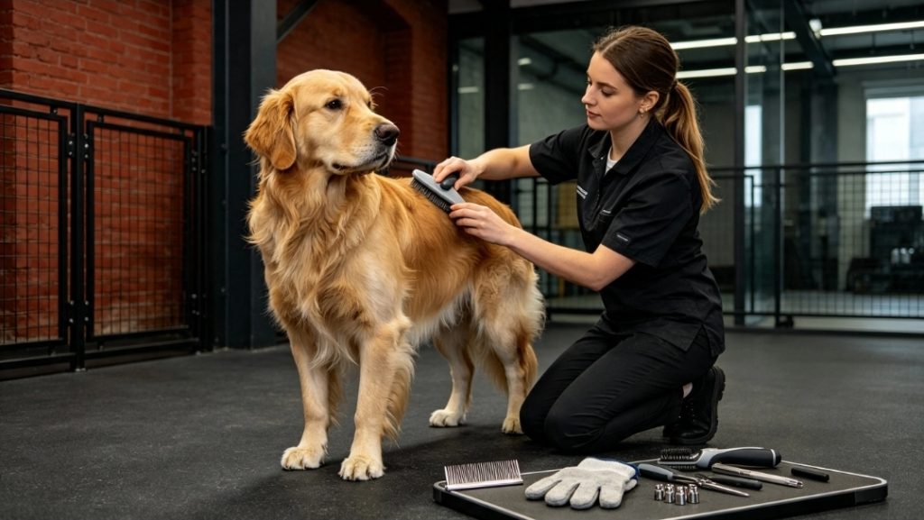dog grooming essentials with a woman grooming a dog in a room with grooming equipment on the floor