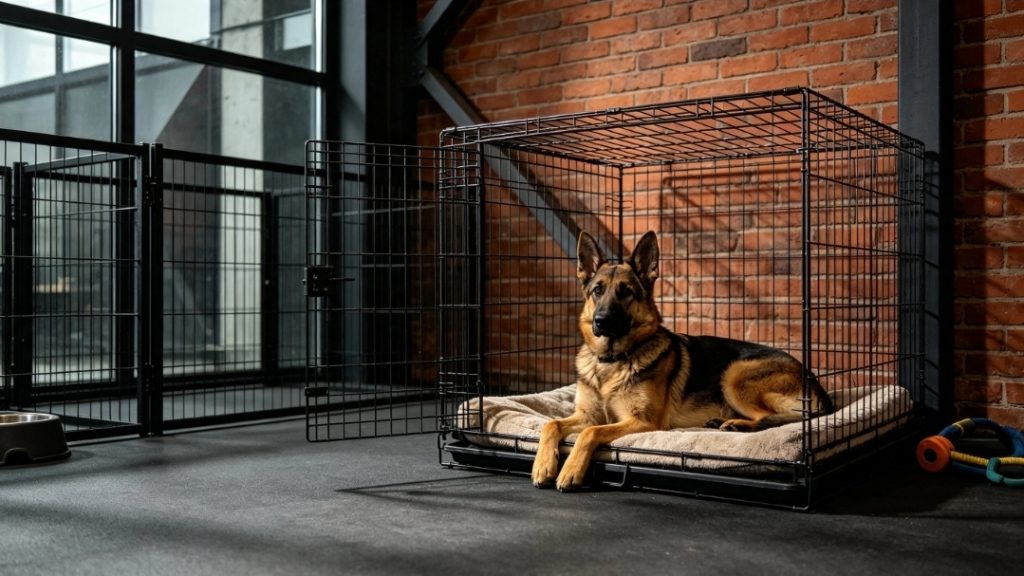 dogs crates and pens with a German Shepherd in a crate with a dog bed