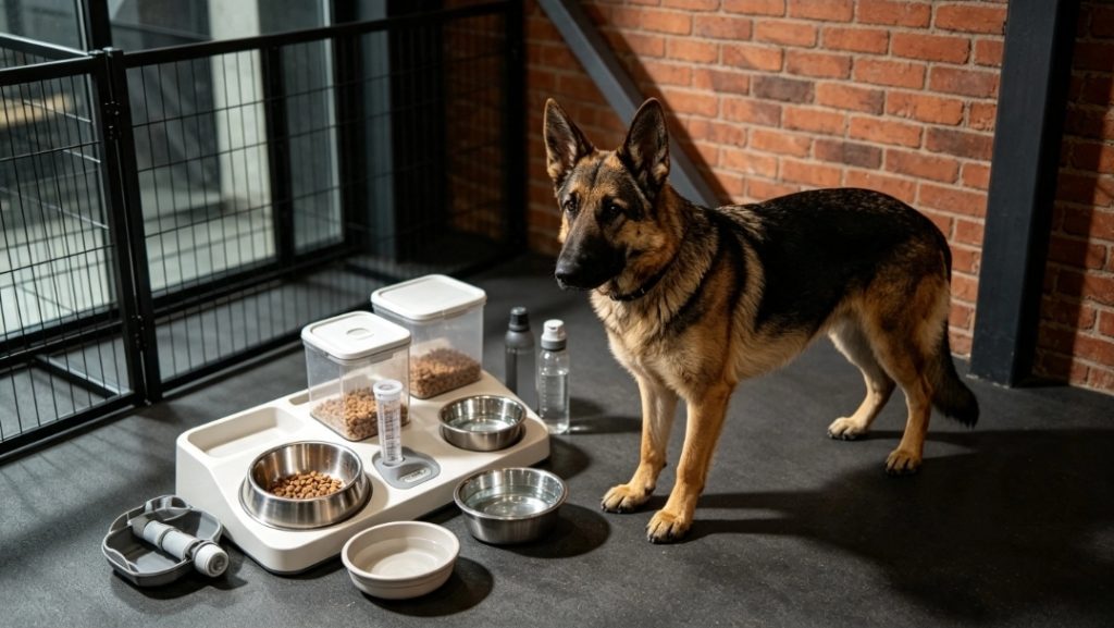 dog feeding and hydration with a German Shepherd sitting in a room beside food and hydration equipment
