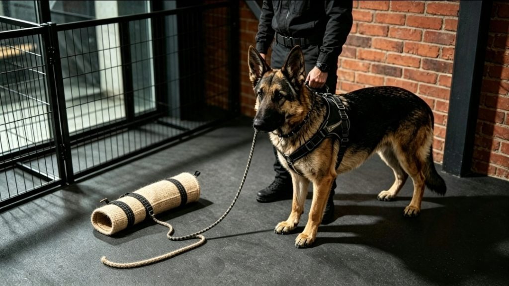 protection dog equipment with German Shepherd and handler in a training room