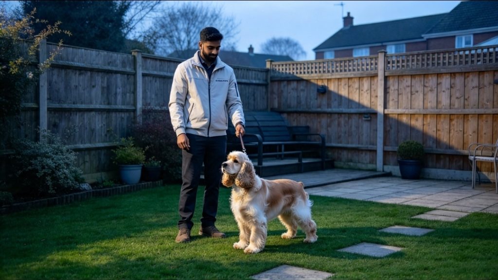 Dog owner standing on the grass with a dog on a lead in a secure garden during the evening.