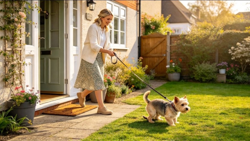 Owner standing on the patio while a puppy on a lead walks onto the green grass in the garden through an open house door.