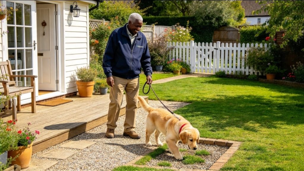 Dog owner holding a puppy on a lead in a secure garden near an open house door, with a closed white gate in the background.