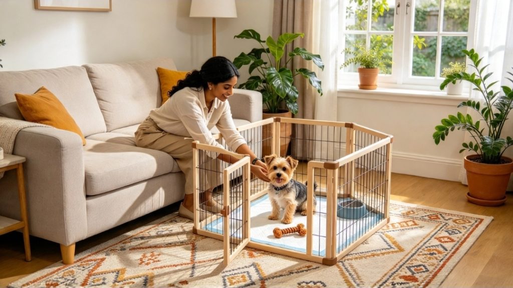 Woman sitting on a sofa and leaning over to interact with a sitting puppy inside an open playpen containing a water bowl and dog toy in the living room.