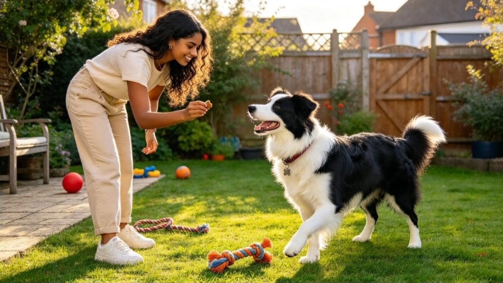 Dog owner bending forward while facing their dog on the grass in a secure garden with a fence, bench and dog toys.