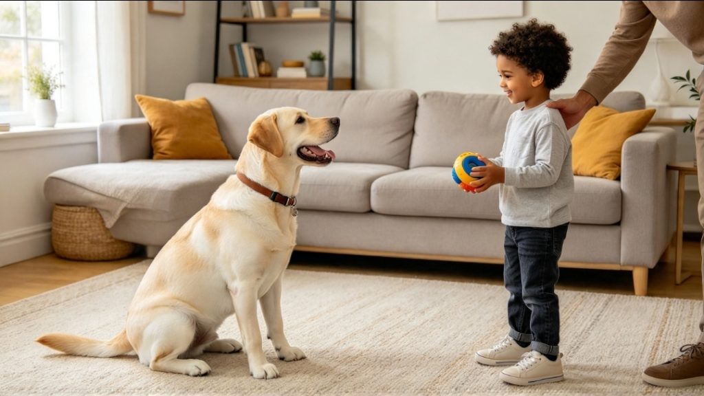 Toddler holding a toy while standing in front of a sitting puppy in a living room, with a sofa and window in the background.