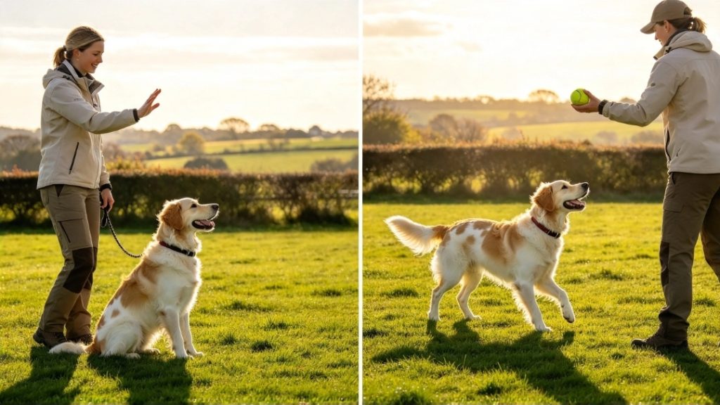 Professional dog trainer demonstrating basic obedience with a dog sitting beside the handler on the left, and ball-focused obedience with the dog watching the handler on the right, in a secure grassy training area.