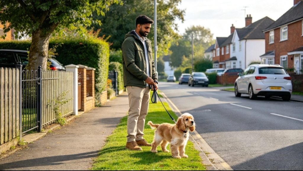 Man standing on the grass beside a pavement with a dog on a lead, with parked vehicles and houses along the road.