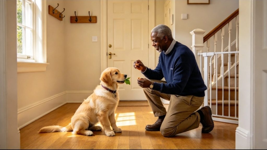 Man kneeling in the hallway facing a puppy sitting in front of the stairs.