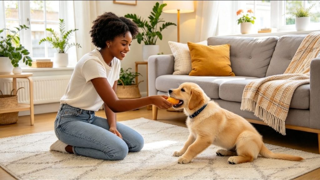 Man kneeling on the living room floor, reaching towards a seated puppy with his right hand while holding dog toys.
