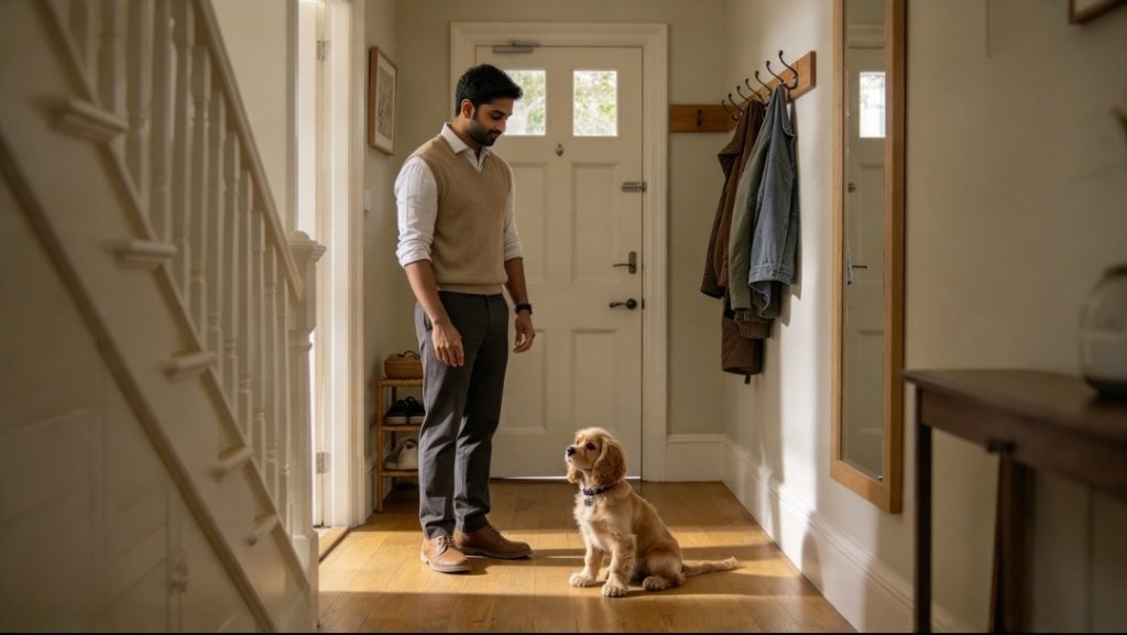 Man standing beside a puppy sitting in the hallway near the staircase, with the front door closed.