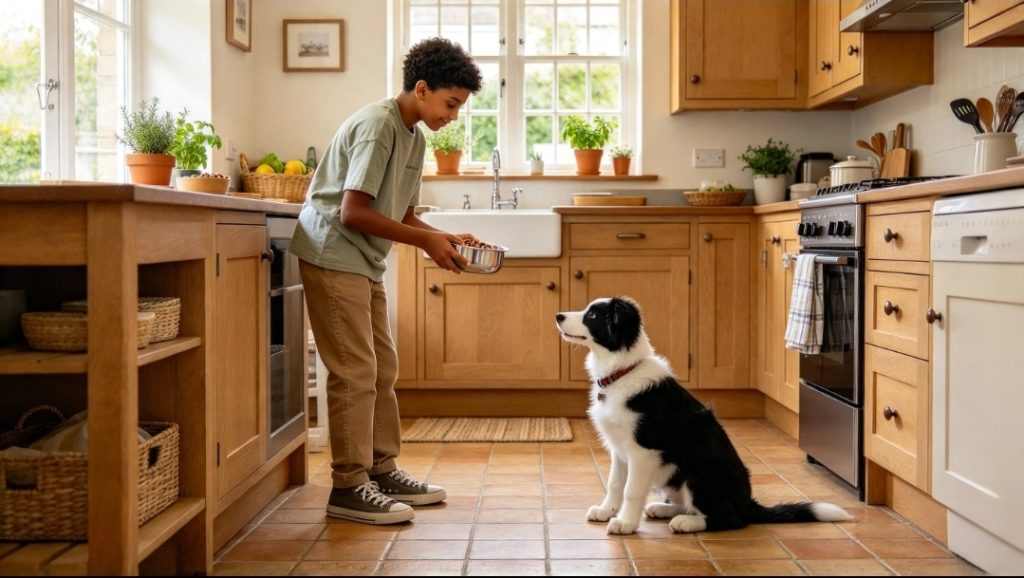 Young boy bending towards a puppy sitting in front of him in the kitchen, holding a bowl of dog food.