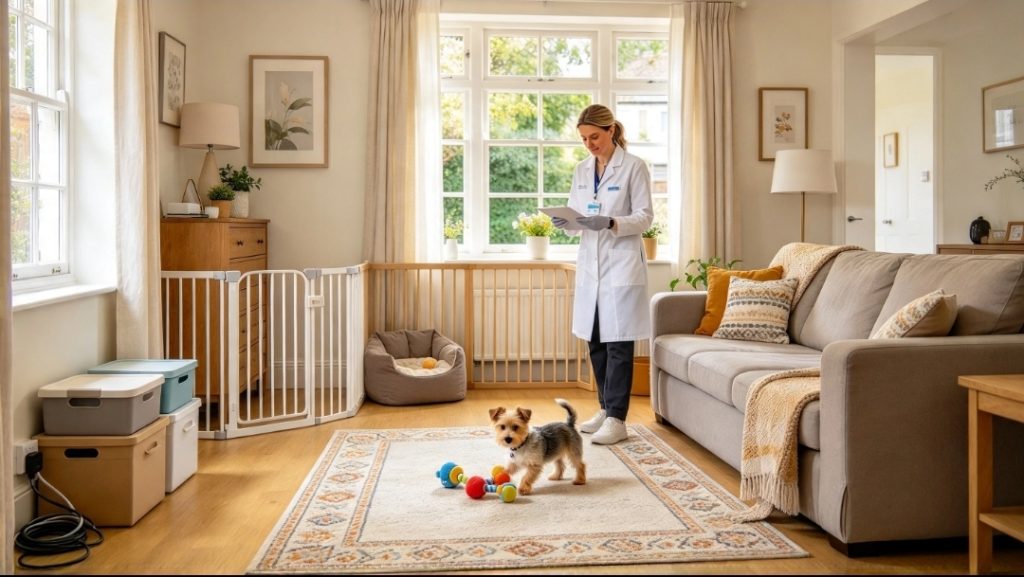 Puppy standing on a living room rug beside a toy, with the owner standing behind and reading a piece of paper.