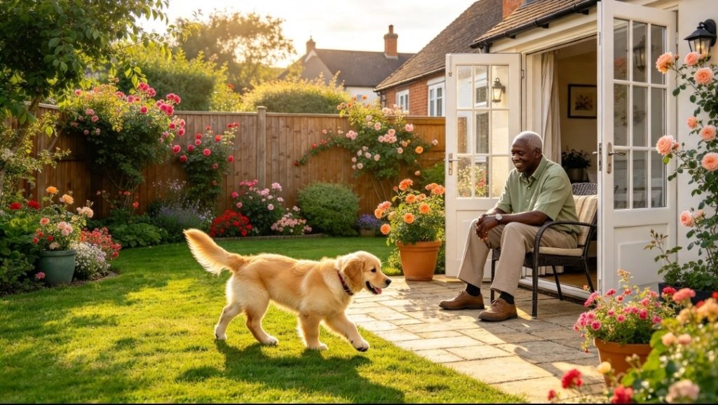 Owner sitting on a chair on the patio beside open patio doors, with a puppy standing on the grass in the garden.