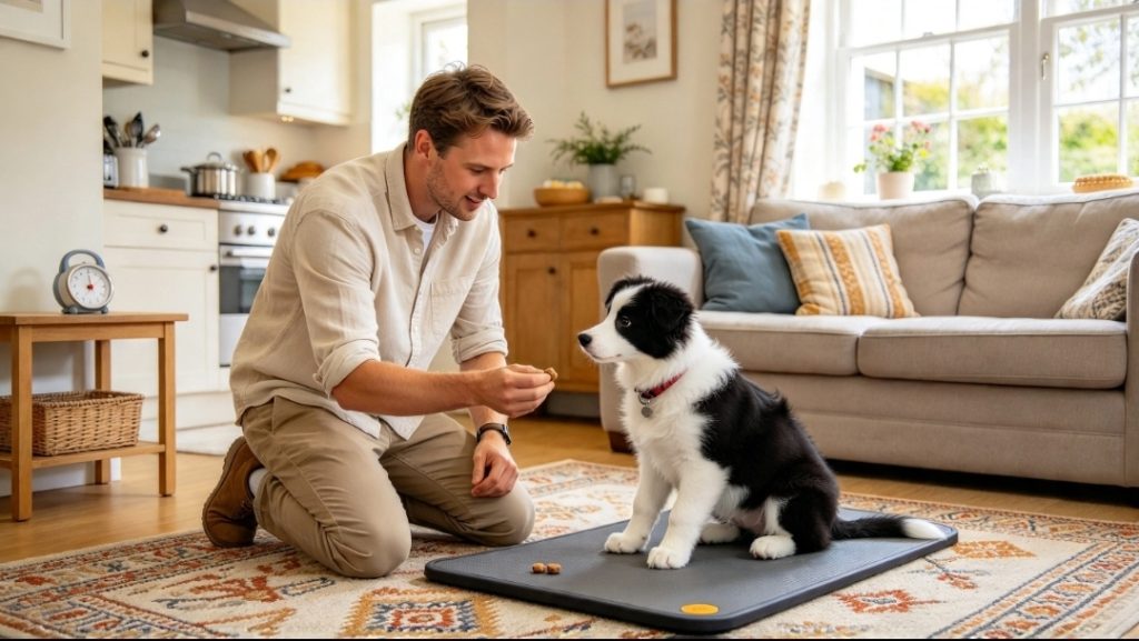 Man and his niece in the garden beside a dog sitting on the grass, with sofas visible in the adjoining room.