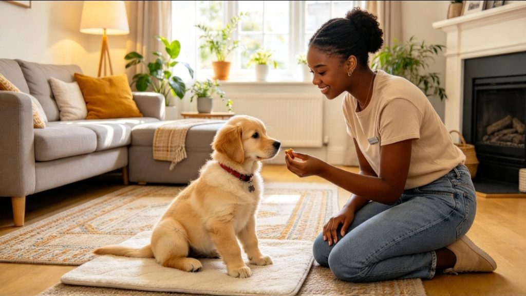 Woman kneeling in the living room beside a dog sitting on a dog placemat, with a sofa and fireplace in the background.