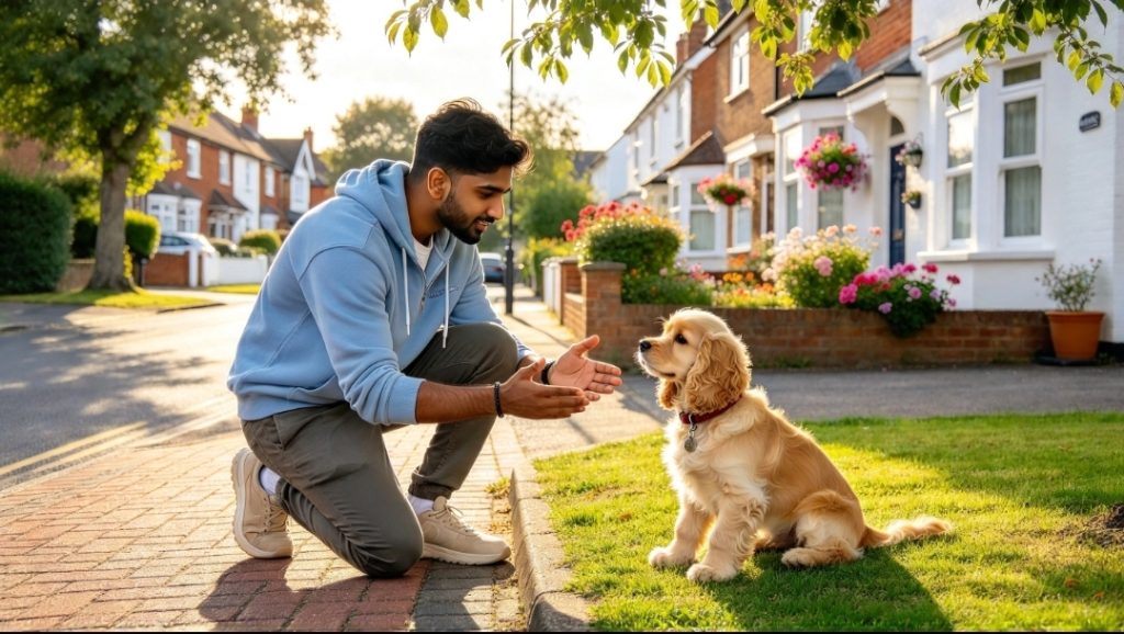 Man kneeling on a pavement with both hands held out, palms facing upwards, towards a dog sitting on the grass.