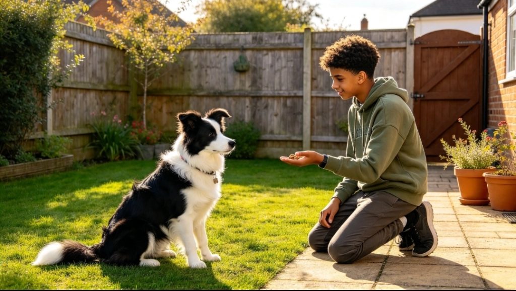 Young boy kneeling on a patio facing a dog sitting on the grass, with a deer visible in the garden.
