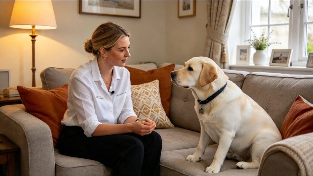 Owner sitting on a sofa and looking at a dog beside them in front of a living room window, with a lamp in the background.