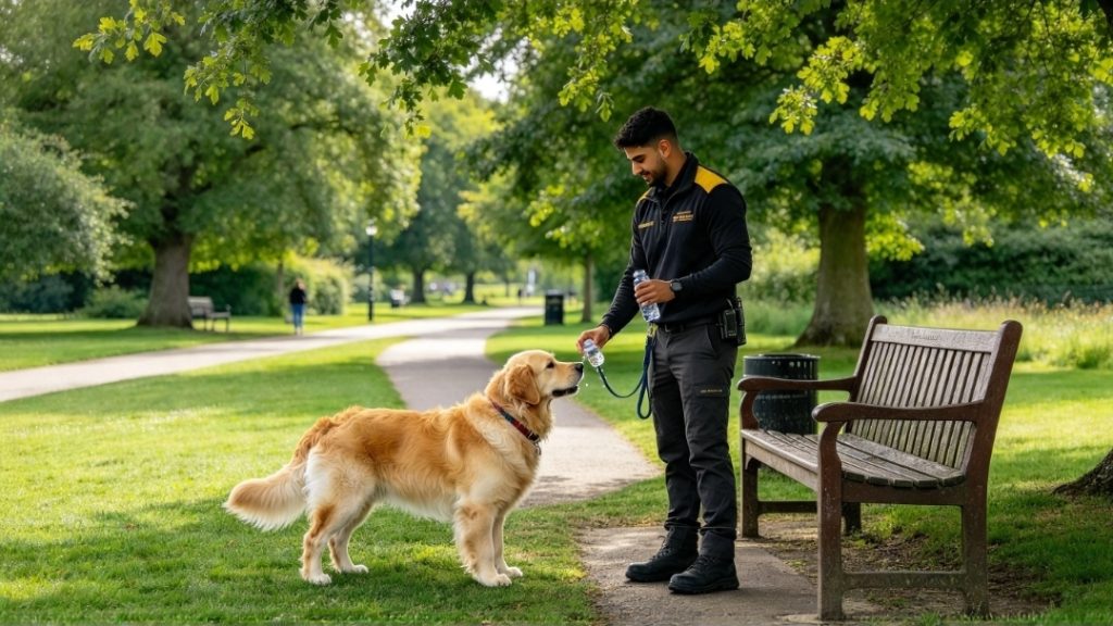 Dog owner pouring water from a bottle towards a dog's face, with the owner on a path and the dog standing on grass near a bench.