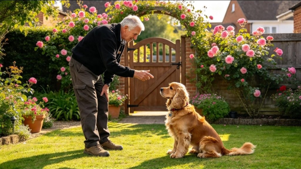 Man bending forward and reaching towards a sitting dog in the garden, with both facing each other.