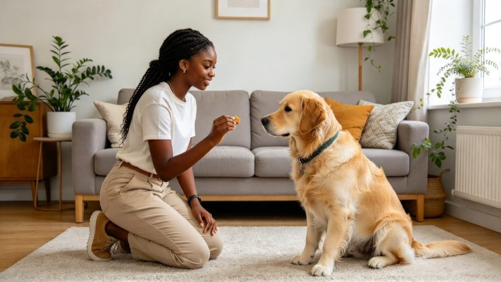 Woman kneeling on a living room rug and rewarding a sitting dog with food held in her right hand.