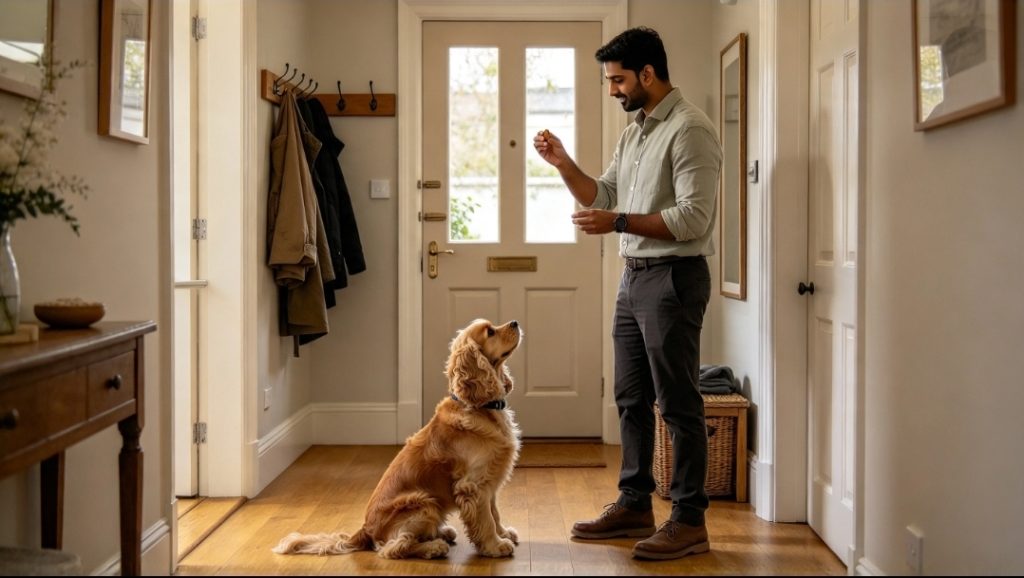 Man facing a sitting dog in a hallway, holding food in his raised right hand.