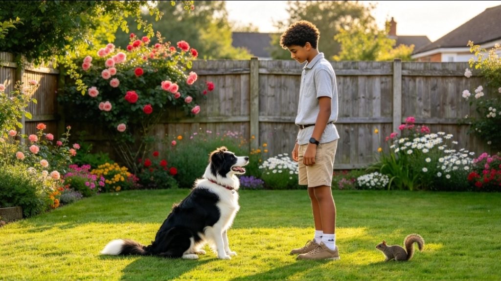 Young boy sitting opposite a dog in a secure garden, with a squirrel nearby and plants along the fence.