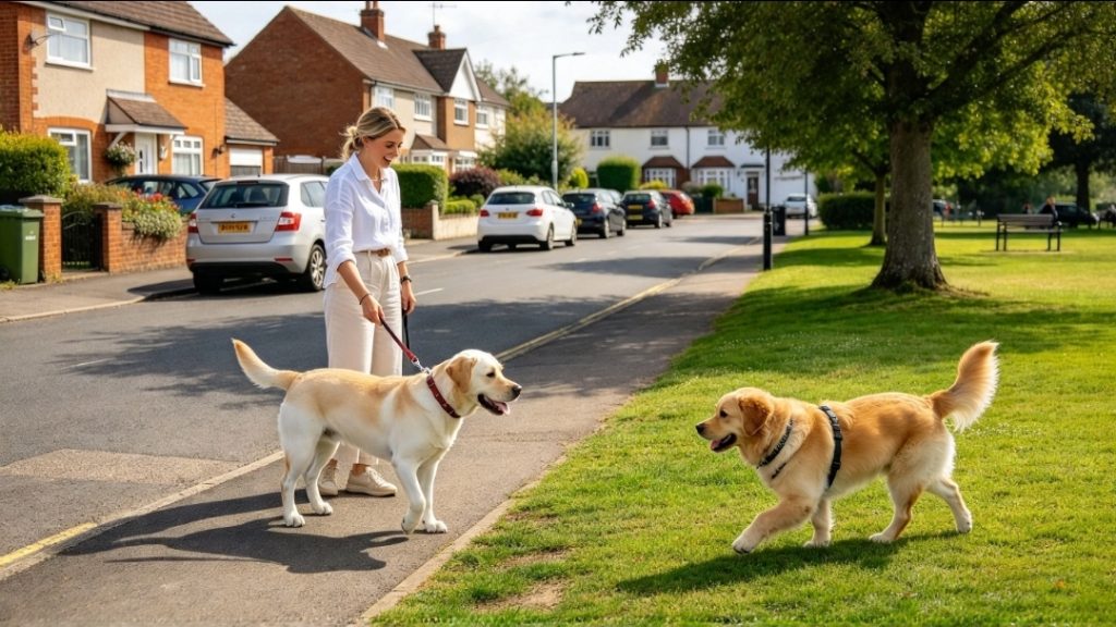 Dog owner walking a dog on a lead along a pavement while facing an off-lead dog standing on the grass.