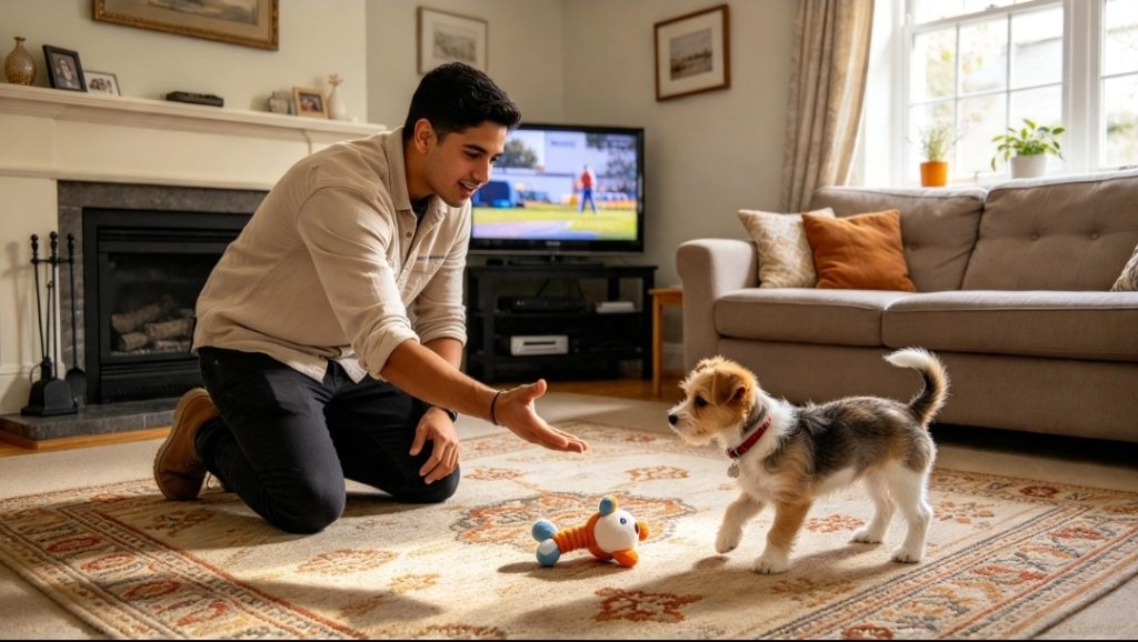Dog owner kneeling on a rug and reaching towards a dog, with a puppy toy, sofa and television in the living room.