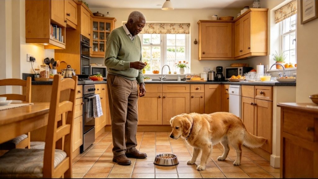 Elderly man facing his dog in a modern kitchen, with a dog feeding bowl on the floor.
