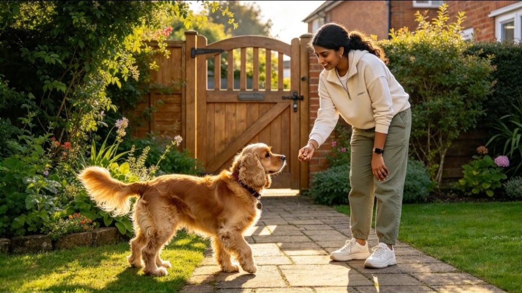 Woman bending towards a puppy in the garden, reaching out with her right hand as the puppy stands between the grass and patio.