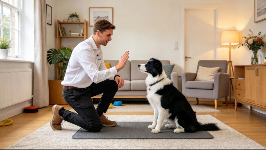 Man kneeling on a rug and facing a puppy, holding his right hand up with his palm facing the dog in the living room.